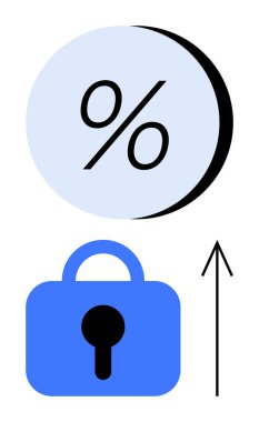 Yukarıya bakan bir okla asma kilidin üstündeki sembol. Finansal güvenlik, yatırım büyümesi, veri koruması, çevrimiçi güvenlik, şifreleme, güvenli işlem, ekonomik trend için ideal. Çizgi