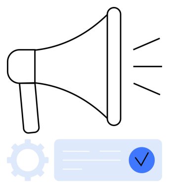 Megafon ses dalgaları yayıyor, yanında dişli simgesi ve işaretli kağıt var. Pazarlama, iletişim, iş güncellemeleri, duyurular, çevrimiçi bilgilendirmeler, promosyonlar ve strateji için ideal