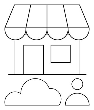 Çizgili tenteli küçük bir dükkan, bir figürün yanında bulut. Perakende satış, yerel işletme, hava durumu, kamu hizmeti konuları için idealdir. Çizgi benzetmesi. Çizgi benzetmesi. Basit satır simgeleri
