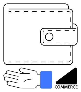 Askılı cüzdan, mavi manşetli el ve ticaret sembolü. Finans, iş, işlem, ekonomi, alışveriş ve yatırım konuları için idealdir. Satır metaforu