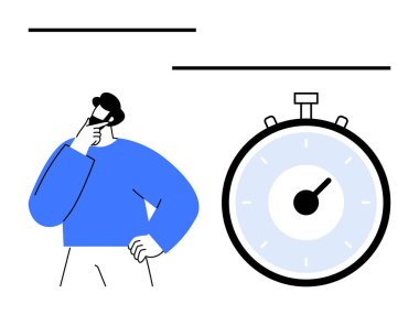 Eller çenede, diğeri kalçasında büyük bir kronometrenin yanında duruyor. Üretkenlik, zaman yönetimi, karar verme, stratejik planlama, odaklanma, düşünme ve verimlilik için ideal. Çizgi