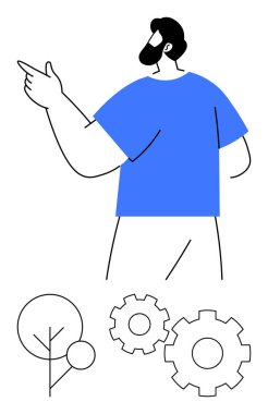 Sakallı, yana bakan, mavi tişörtlü biri. Aşağıda, büyümeyi ve mühendisliği simgeleyen iki vites ve bir ağaç var. Takım çalışması, liderlik, yenilik, gelişme, büyüme rehberliği için ideal