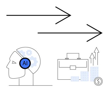 Yapay zeka sembollü insan kafası, ilerlemeyi gösteren oklar, içinde finansal tablolar ve dolar simgesi olan evrak çantası. İş, teknoloji, yapay zeka, otomasyon, finansal büyüme verimliliği için ideal. Satır metaforu
