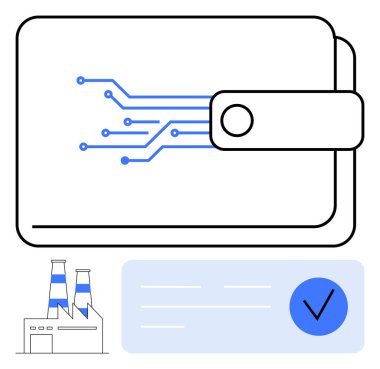 Devreli dijital cüzdan, mavi bacalı sanayi fabrikası, onaylama işareti. Dijital finans, sanayi ekonomisi, teknoloji onayı, çevrimiçi güvenlik, dijital