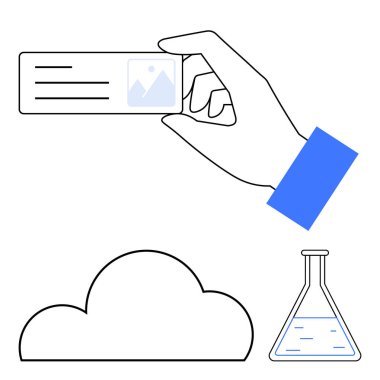 Bulutun üstünde el ele tutuşan kartvizit ve mavi sıvıyla laboratuvar şişesi. İş, ağ oluşturma, bulut teknolojisi, bilimsel araştırma, eğitim, yenilik, dijital pazarlama için ideal. Çizgi