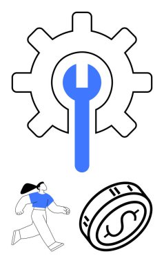 Vites ve İngiliz anahtarı sembolü mavi ve siyah, koşan kadın ve para. Finansal planlama, iş stratejisi, büyüme, sıkı çalışma, teknoloji geliştirme ve geliştirme için idealdir. Satır metaforu