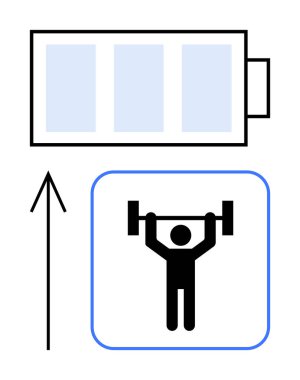 Mavi çerçeveli halteri kaldıran adam yukarı doğru ok ile batarya ikonunun yanında. Fitness, enerji, motivasyon, ilerleme, güç, sağlıklı yaşam, egzersiz için idealdir. Satır metaforu