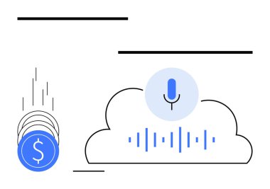 Ses tanımayı temsil eden mikrofon simgesiyle yüzen sikkeler ve bulutlar. Bulutun içindeki ses dalgası sembolleri. Fintech, ses yapay zekası, bulut hizmetleri, veri depolama, finans teknolojisi, dijital