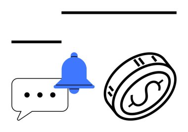 Üç noktalı diyalog kutusu, mavi uyarı zili ve dolar işaretli para. Finans, tebligat, iletişim, ticaret için ideal, mobil uygulamaları alarma geçirir. Satır metaforu