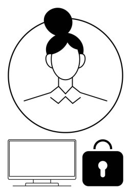 Çemberin içindeki dişi avatar. Aşağıda, bir bilgisayar monitörü ve kilit dijital güvenlik ve gizlilik korumasını gösteriyor. Siber güvenlik, kullanıcı profilleri, veri koruması, çevrimiçi güvenlik eğitimi için ideal