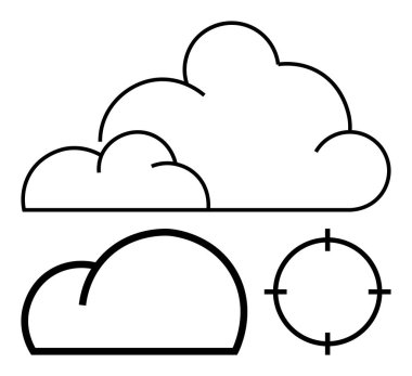 Üç farklı bulut şekli ve dairesel bir hedef çizgisi. Hava durumu konseptleri, veri depolama, tahminde bulunma, hedef alma, minimal tasarımlar, eğitim amaçları, teknik çizimler için idealdir. Çizgi