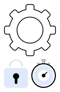 Büyük vites minimalist mavi asma kilit ve kronometre. Teknoloji, otomasyon, güvenlik, verimlilik, zaman yönetimi, verimlilik ve endüstri için ideal. Satır metaforu