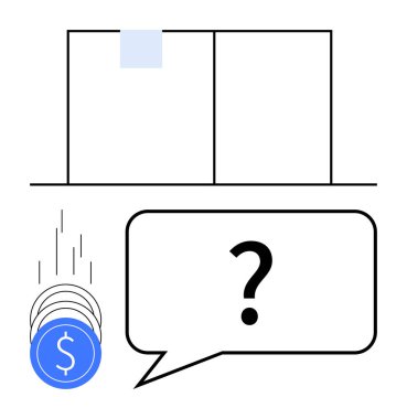 Basitleştirilmiş defterin yanında soru işaretiyle konuşma balonuna inen bozuk paralar. Finans, bütçe, muhasebe, kâr analizi, gider yönetimi, iş stratejisi için ideal