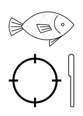 Aşşağıda çapraz gölgeli balıklar ve bitişik bir bıçak yemek pişirme, avlanma, deniz ürünleri hazırlama, aşçılık becerileri, mutfak gereçleri ve gıda endüstrisi temaları içerir. Aşçılık dersleri ve deniz ürünleri için ideal.