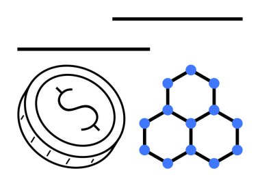 Dolar sembollü sikke ve birbirine bağlı mavi moleküler yapı. Finans, bilim, teknoloji, kripto para birimi, yatırım, yenilik, eğitim temaları için idealdir. Satır metaforu