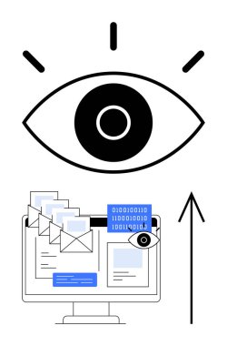 İkili kod, e-posta ve yukarı bakan okla bilgisayar ekranına göz kulak oluyor. Siber güvenlik, e-posta izleme, veri koruması, internet güvenliği, izleme, çevrimiçi gizlilik teknolojisi için ideal
