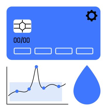 Credit card line graph with data points, and water drop highlight themes of finance, technology, sustainability, innovation, data analytics, environmental awareness, and growth. Line metaphor clipart