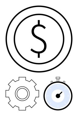 Dolar işaretli kronometresi olan bozuk para. Finans, ekonomi, verimlilik, verimlilik, işletme operasyonları, zaman yönetimi, yatırım için idealdir. Satır metaforu