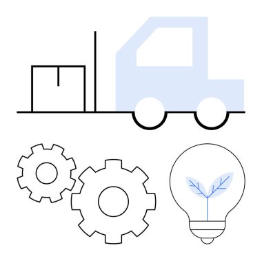 Forklift hareket kutusu, iki vites, içinde yaprak olan ampul. Lojistik, yenilik, sürdürülebilirlik, çevre dostu enerji, teknoloji mühendisliği ve endüstriyel temalar için ideal. Satır metaforu