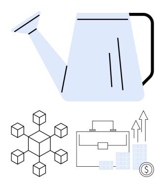 Büyük sulama kutusu, küp yapısı bağlantıyı gösteriyor, evrak çantası işi sembolize ediyor, oklu para yığınları büyümeyi gösteriyor. Finans, yatırım, iş büyümesi ve planlama için ideal