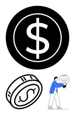 Çember içinde dolar para sembolü, dolar işaretli perspektif madeni para, ampul tutan kişi. Finans, yenilik, yatırım, tasarruf, iş stratejisi, girişimci fikirler için ideal ekonomi