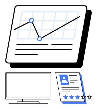 Şebeke ve düğümlerle yükselen eğilimi gösteren analiz grafiği, bilgisayar monitörü, yıldız reytingli sıralı profil tablosu. Veri analizi, performans değerlendirmesi, teknoloji, iş, istatistik için ideal
