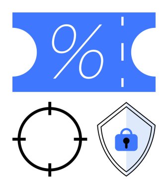 Yüzdelik sembollü indirim kuponu, nişan alma hedefi ve kilitli güvenlik kalkanı. Pazarlama, e-ticaret, çevrimiçi alışveriş, güvenlik, hassas aletler için idealdir. Satır metaforu