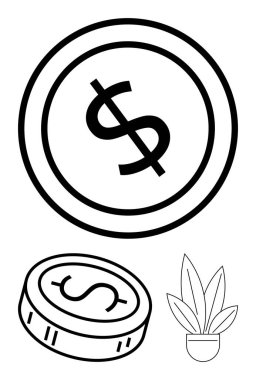Büyük dolar madeni para, dolar işaretli daha küçük sikke ve saksı bitkisi ikonu. Finans, yatırım, tasarruf, ekonomik büyüme, refah yönetimi finans planlaması için ideal. Çizgi