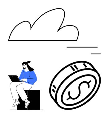 Dizüstü bilgisayarda çalışan bir kadın büyük bir bozuk para ve bir bulut simgesinin yanında oturuyor. İş, finans, çevrimiçi iş, bulut hesaplama, büyüme, yatırım ve teknoloji konuları için idealdir. Satır metaforu