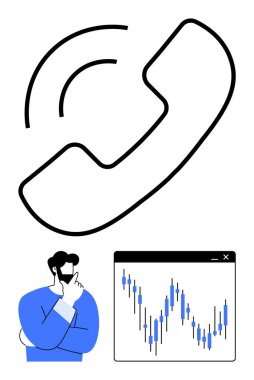 Businessperson, bilgisayar ekranında dalgalanan borsa grafiği, yukarıdaki büyük telefon görüşmesi ikonu üzerinde düşünüyor. Finans, iş kararları, iletişim, yatırım, analiz, danışmanlık için ideal