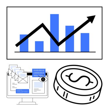 Yukarı doğru oklu bar tablosu, e-posta ve ikili kodlu bilgisayar ekranı ve bir dolar bozuk para. Mali büyüme, veri analizi, iş stratejisi, dijital pazarlama, borsa analizi için ideal