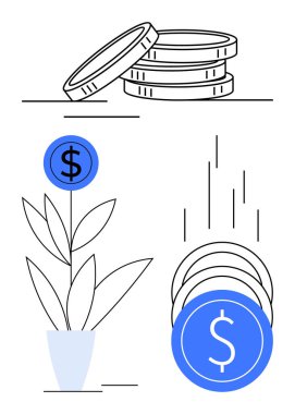 Bozuk para yığınları ve bir dolar büyüyen bir saksı bitkisi ve yanında bozuk paralar. Mali büyüme, yatırım, tasarruf, refah yönetimi, bankacılık, ekonomik kalkınma ve iş için ideal