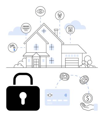 Evin etrafı gözetleme, ışık kontrolü ve termometre gibi akıllı ev otomasyon simgeleriyle çevrili. Kilit, kredi kartı ve ödeme el simgeleri aşağıda. Teknoloji, güvenlik ve finans için ideal.