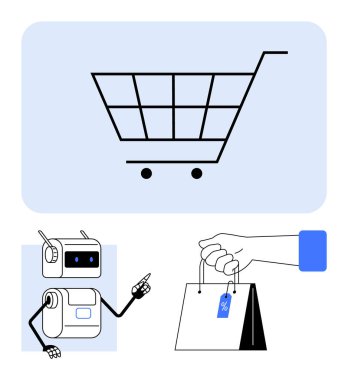 Alışveriş arabası robotu işaret ediyor, alışveriş torbalarını indirimli etiketle tutuyor. E-ticaret için ideal, çevrimiçi alışveriş, perakende satış, indirimler, geleceksel alışveriş, teknoloji, müşteri hizmetleri. Satır metaforu