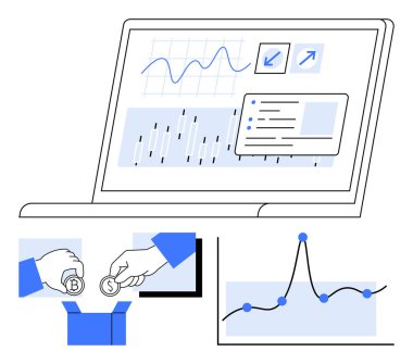 Finansal grafikleri olan dizüstü bilgisayar ekranı el değiştiriyor ve bir çizelge çiziyor. Finans, yatırım, kripto para birimi, veri analizi, ekonomi, teknoloji, dijital trendler için ideal. Satır metaforu