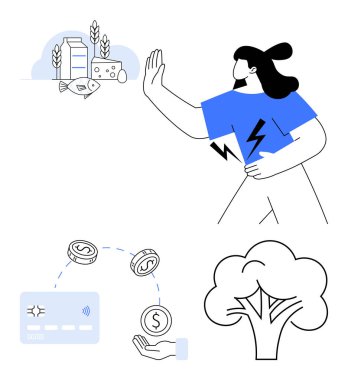 Kadın alerjiden kaçınıyor. Süt ürünleri ve balıklar. Finansal işlem yapan kişi. Ağaç doğayı sembolize ediyor. Sağlık, beslenme, alerji farkındalığı, finans ve sürdürülebilirlik konuları için ideal