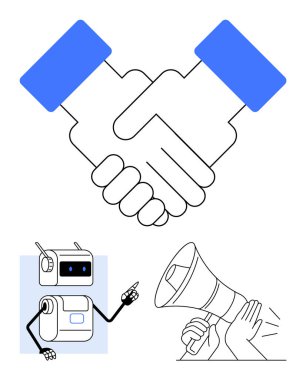 El sıkışma robotu işaret ediyor, megafonu tutuyor. İşbirliği, teknoloji, iletişim, ortaklık, yenilik, takım çalışması duyuruları için ideal.