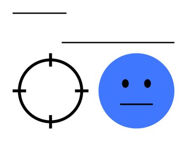 Blue circle with neutral facial expression next to a black target sight and two horizontal lines. Ideal for emotions, simplicity, focus themes, graphic design, psychology, mindfulness, user clipart