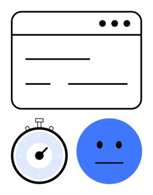 Web browser window stopwatch blue neutral face icon. Ideal for productivity apps, time tracking, project management, efficiency tools, online tasks, user interfaces, mood indicators. Line metaphor clipart