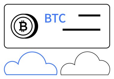 Mavi ve siyah bulut simgelerinin yanında BTC metin ve çizgileri ile Bitcoin para birimi sembolü. Kripto para birimi, engelleme zinciri, finans, bulut hesaplama, teknoloji, dijital para birimi ve web tasarımı için ideal