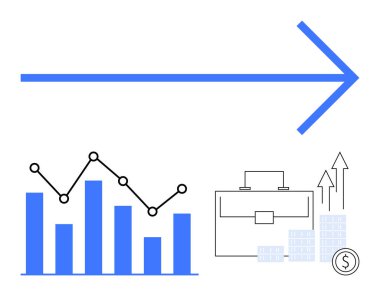Yukarı doğru mavi ok, çizgi grafiği, evrak çantası, nakit destesi ve yükselen oklarla çizelge. İş sunumları için ideal, mali büyüme, kurumsal başarı, ekonomik ilerleme yatırımı