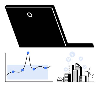 Laptop connects analytics with eco-friendly cityscape, showcasing data-driven urban planning. Ideal for technology, sustainability, data science, renewable energy, smart cities, innovation, digital clipart