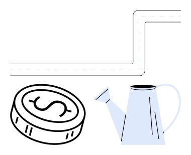 Sulama tenekesi dolambaçlı bir yolun yanındaki bir dolar işaretiyle madeni paranın üzerine dökülüyor. Finans, yatırım, tasarruf, büyüme, ekonomi iş stratejisi için idealdir. Çizgi benzetmesi. Çizgi benzetmesi. Basit satır simgeleri