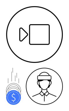 Çemberin içinde düğme sembolü, saç bandı takan insan simgesi ve dolar işaretli bozuk paralar. Video üretimi, para kazanma, kullanıcı katılımı, içerik yaratıcıları, dijital pazarlama için ideal