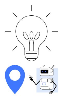 Mavi harita üzerinde ampul ve işaret kolu olan robot. Yenilik, teknoloji, konum hizmetleri, yapay zeka, otomasyon, yaratıcılık ve bağlantı için ideal. Satır metaforu