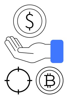 Dolara ve Bitcoin sembollerine uzanan açık bir el, altında bir çapraz gölgeyle. Finans, kripto para birimi, yatırım, tasarruf, çevrimiçi işlemler, dijital ekonomi finansal hedefleri için ideal. Çizgi