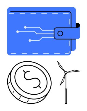 Devre çizgileri olan dijital mavi cüzdan dolar işareti olan para birimi parası ve rüzgar türbini. Fintech, yenilenebilir enerji, sürdürülebilir yatırımlar, dijital bankacılık, çevre dostu finans için ideal