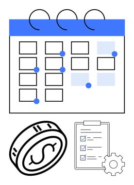 Takvim önemli tarihleri işaretliyor, büyük paralar işaretli kutular ve vites işaretli listeler. Zamanlama, mali planlama, hatırlatıcılar, görev yönetimi, son teslim tarihleri verimlilik için ideal