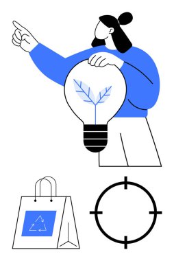 Person in blue holding a light bulb with a leaf design while pointing. Includes a shopping bag and target icon. Ideal for sustainability, environmental awareness, eco-friendly shopping, energy clipart