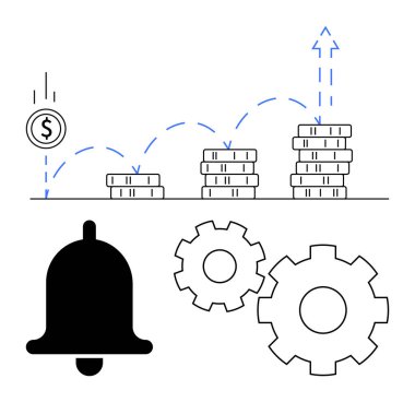 Yükselen bozuk paralar, yukarı doğru yükselen bir okla, dişliler ve bir uyarı ziliyle çevrili. Finans, yatırım, ekonomik büyüme, otomasyon, alarmlar, mali planlama için ideal